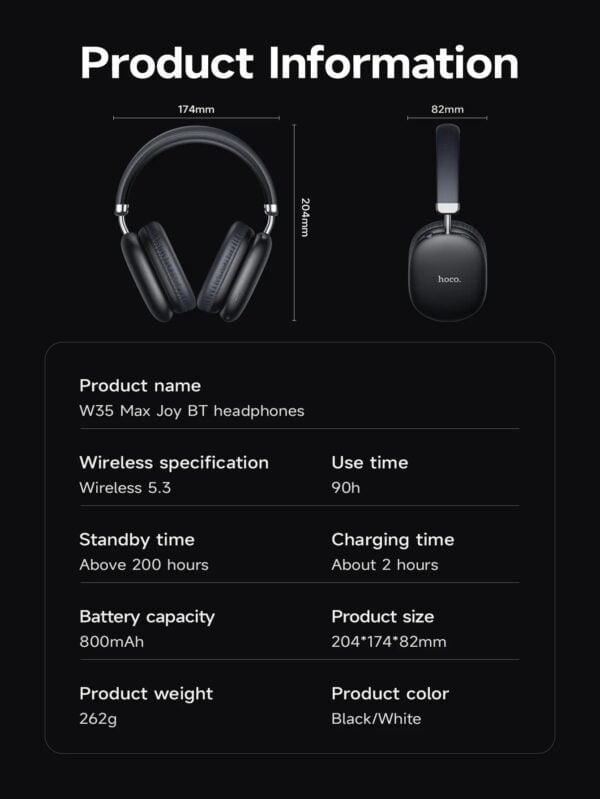 Hoco. W35 Max Original - Casque Sans Fil Bluetooth 5.3 avec 90H d'autonomie - Noir – Image 7