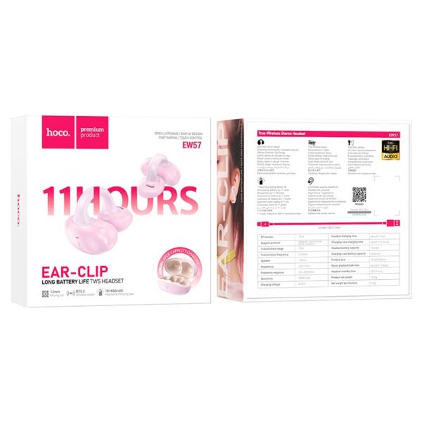 Hoco. Ew57 EAR-CLIP - Ecouteurs Bluetooth 11heures d'Autonomie Non-Stop - Rose