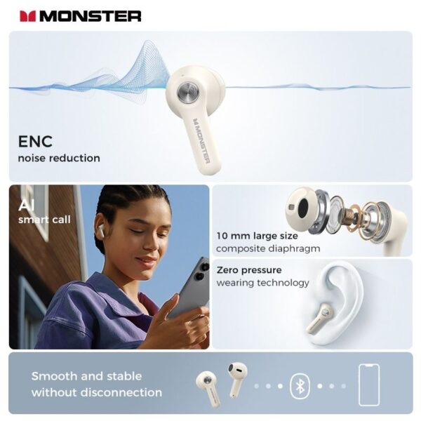 Monster N-LITE 207 - Ecouteurs Bluetooth 5.4 with ENC/AI Smart Call - Beige – Image 4