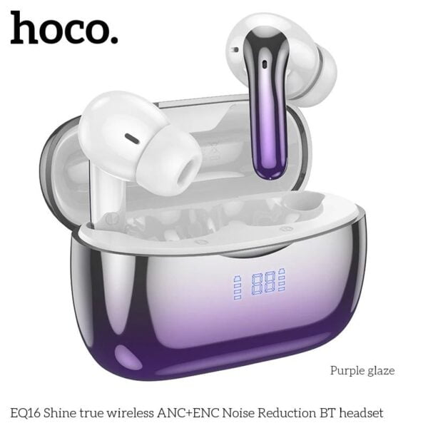 Hoco EQ16 [ ANC + ENC ] - Ecouteurs Bluetooth 5.3 with Transparency Mode & LED - Mauve/Blanc – Image 4