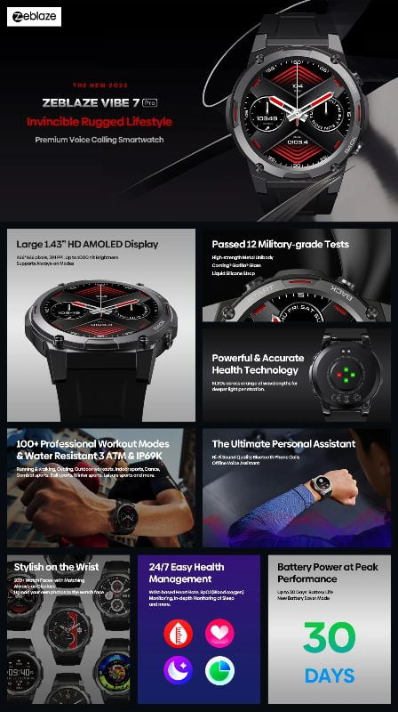 ZEBLAZE VIBE 7 PRO - SmartWatch Bluetooth Ecran 1,43" Ultra HD AMOLED Display - Noir ZEBLAZE VIBE 7 PRO - SmartWatch Bluetooth Ecran 1,43" Ultra HD AMOLED Display - Noir