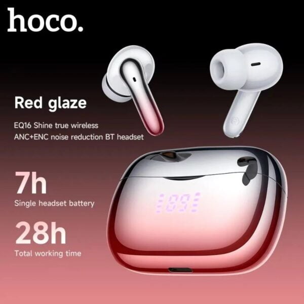 Hoco EQ16 [ ANC + ENC ] - Ecouteurs Bluetooth 5.3 with Transparency Mode & LED - Rouge/Blanc