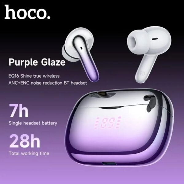 Hoco EQ16 [ ANC + ENC ] - Ecouteurs Bluetooth 5.3 with Transparency Mode & LED - Mauve/Blanc