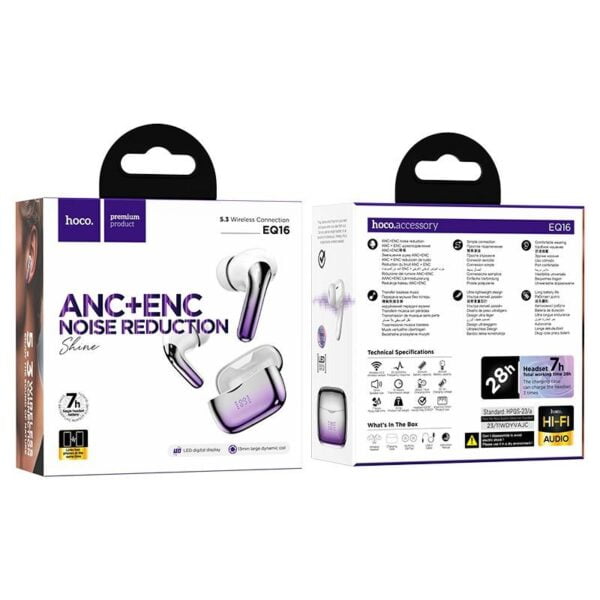Hoco EQ16 [ ANC + ENC ] - Ecouteurs Bluetooth 5.3 with Transparency Mode & LED - Mauve/Blanc – Image 5