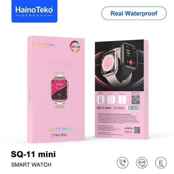 HainoTeko SQ11 Mini - Smartwatch Bluetooth Écran AMOLED avec 3 bracelets inclus - Rose