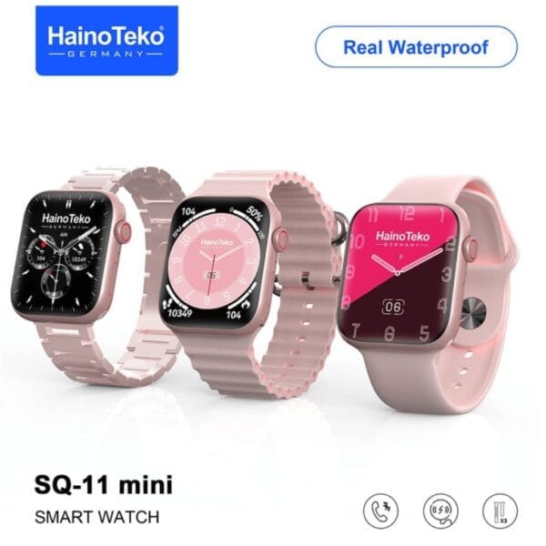 HainoTeko SQ11 Mini - Smartwatch Bluetooth Écran AMOLED avec 3 bracelets inclus - Rose – Image 2