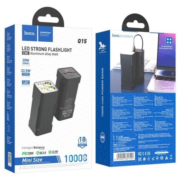 Hoco Q15 Flashlight - Power Bank Fast Charge 22.5W 10000mAh avec Lampe Torche