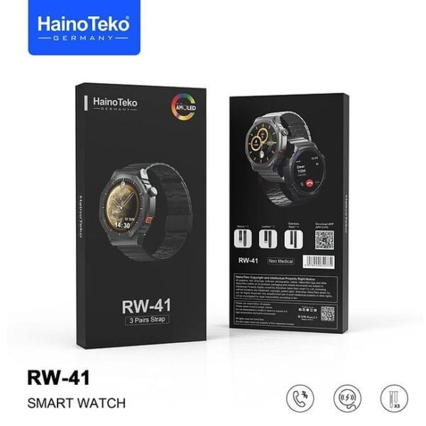 HainoTeko RW-41 - Smart Watch Écran AMOLED avec 3 Bracelets - Noir – Image 2