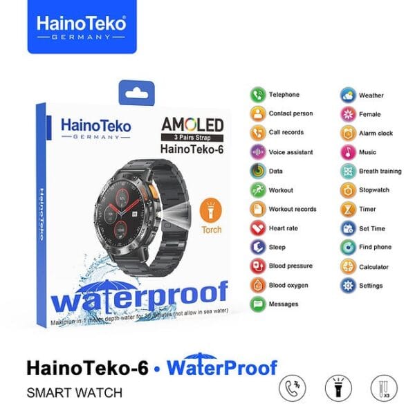 HainoTeko-6 Waterproof - Smartwatch Écran AMOLED avec Lampe Torche – Image 13