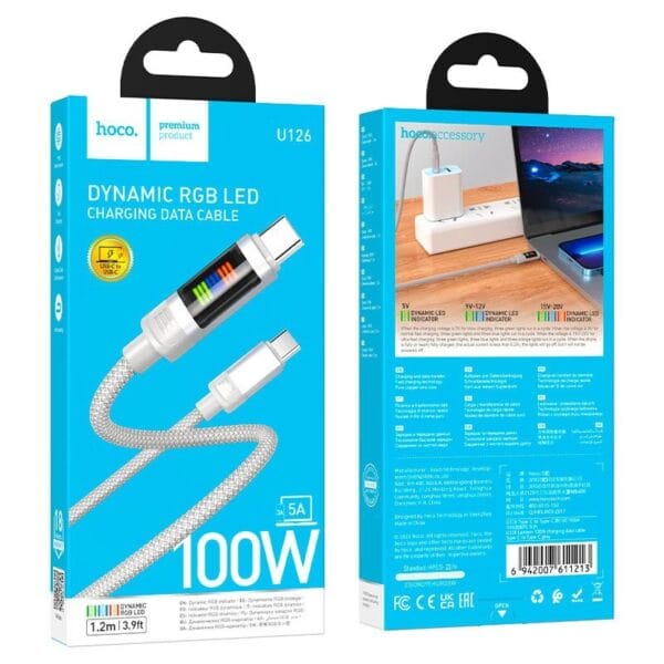Hoco U126 Lantern – Câble de Charge Type-C vers Type-C PD 100W avec indicateur LED