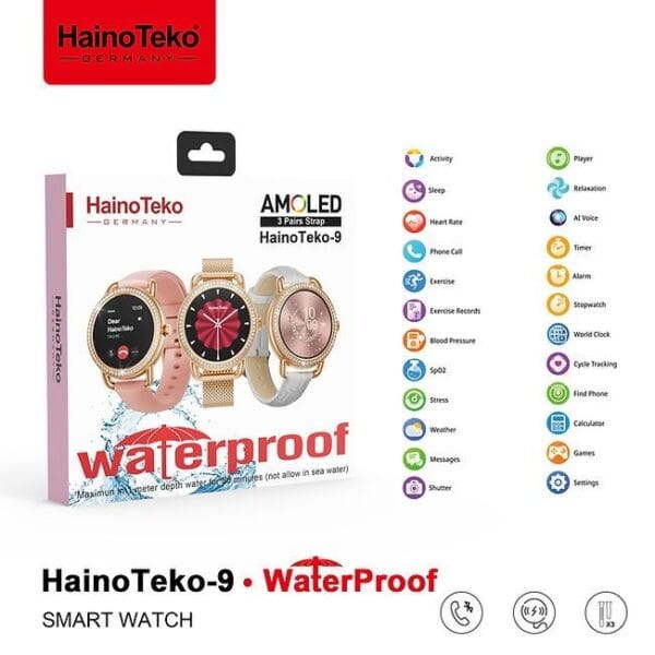 HainoTeko-9 Waterproof – Smart Watch AMOLED for Ladies – Golden Edition – Image 2