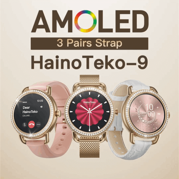 HainoTeko-9 Waterproof – Smart Watch AMOLED for Ladies – Golden Edition – Image 4