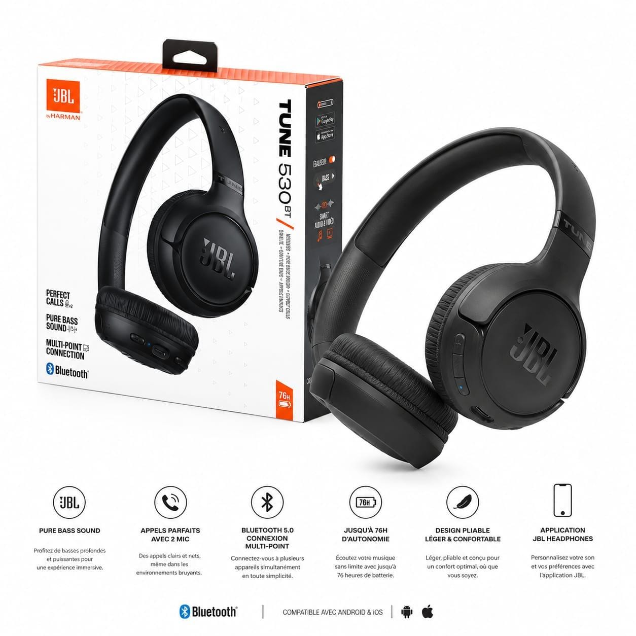 JBL Tune 530BT – Casque Bluetooth 6.0 Pure Bass avec 76H d’Autonomie & Appels HD JBL Tune 530BT – Casque Bluetooth 6.0 Pure Bass avec 76H d’Autonomie & Appels HD