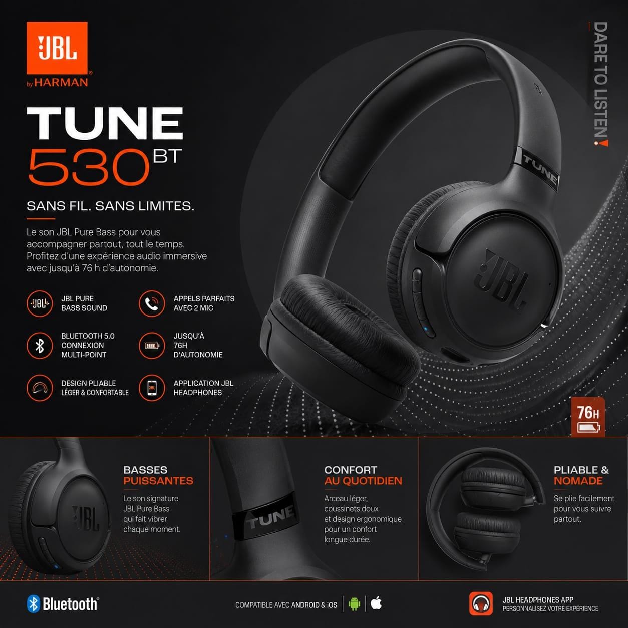 JBL Tune 530BT – Casque Bluetooth 6.0 Pure Bass avec 76H d’Autonomie & Appels HD JBL Tune 530BT – Casque Bluetooth 6.0 Pure Bass avec 76H d’Autonomie & Appels HD – Image 3