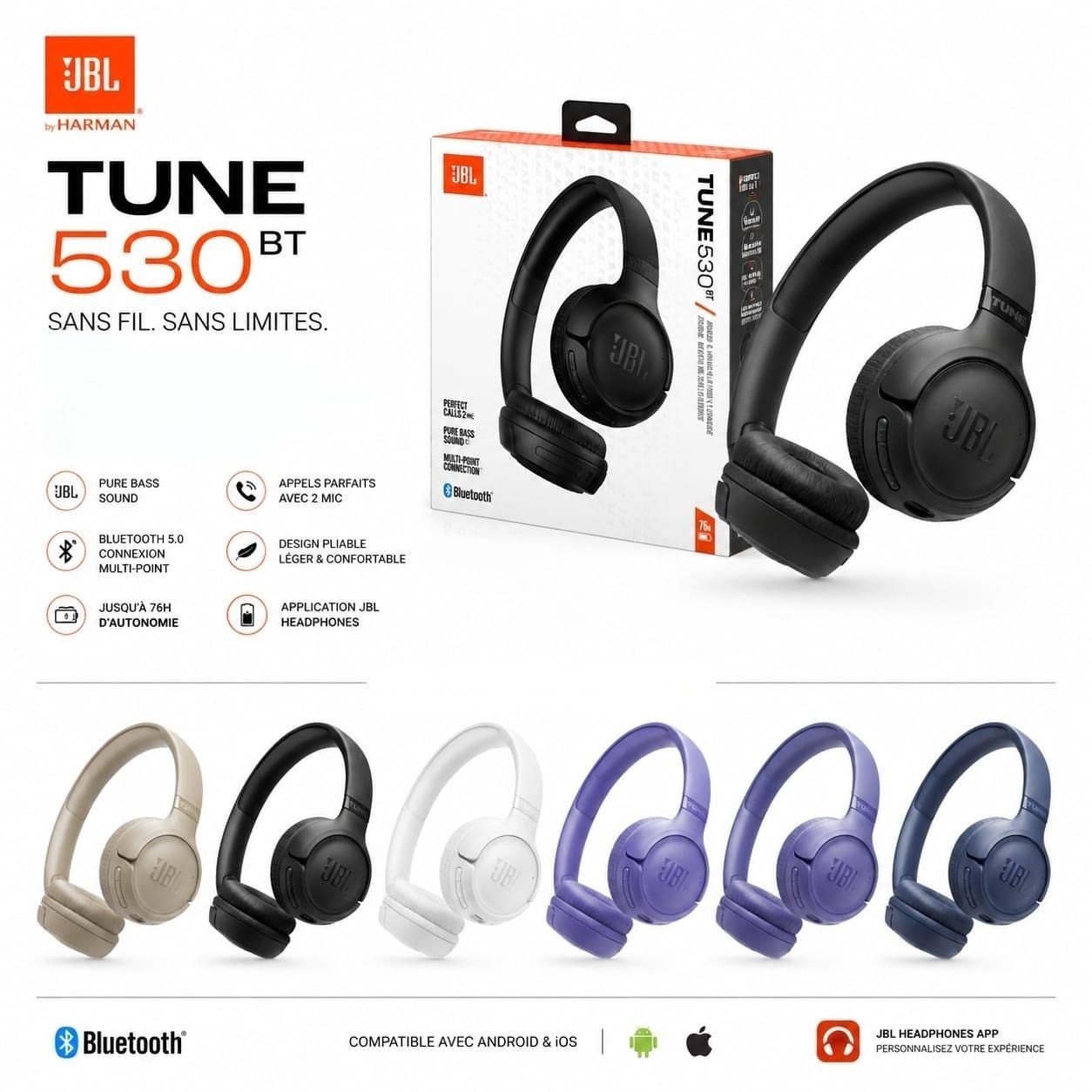JBL Tune 530BT – Casque Bluetooth 6.0 Pure Bass avec 76H d’Autonomie & Appels HD JBL Tune 530BT – Casque Bluetooth 6.0 Pure Bass avec 76H d’Autonomie & Appels HD – Image 2