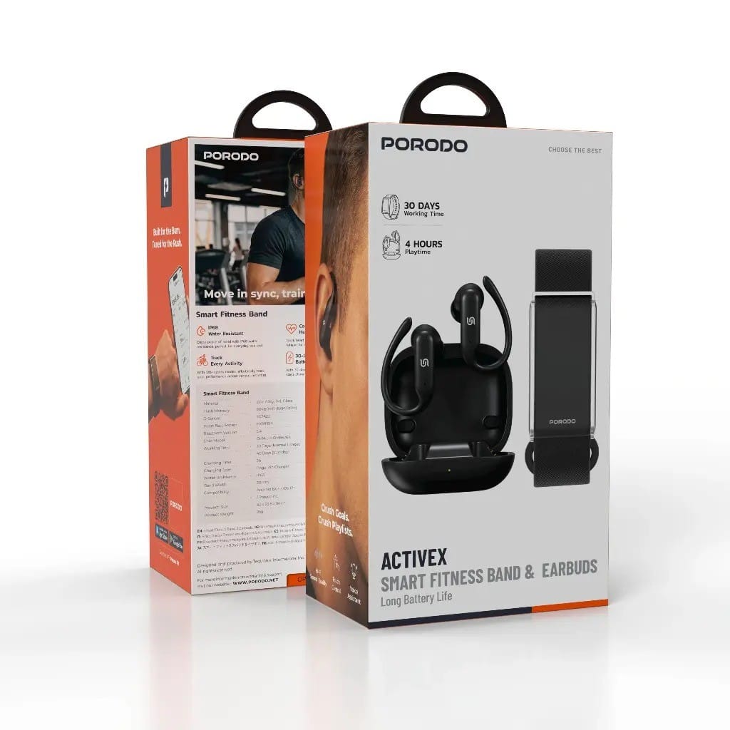 Porodo ActiveX - Pack 2en1 Bracelet Connecté + Écouteurs Bluetooth 6.0 | IP68 | 30 jours d'Autonomie Porodo ActiveX - Pack 2en1 Bracelet Connecté + Écouteurs Bluetooth 6.0 | IP68 | 30 jours d'Autonomie