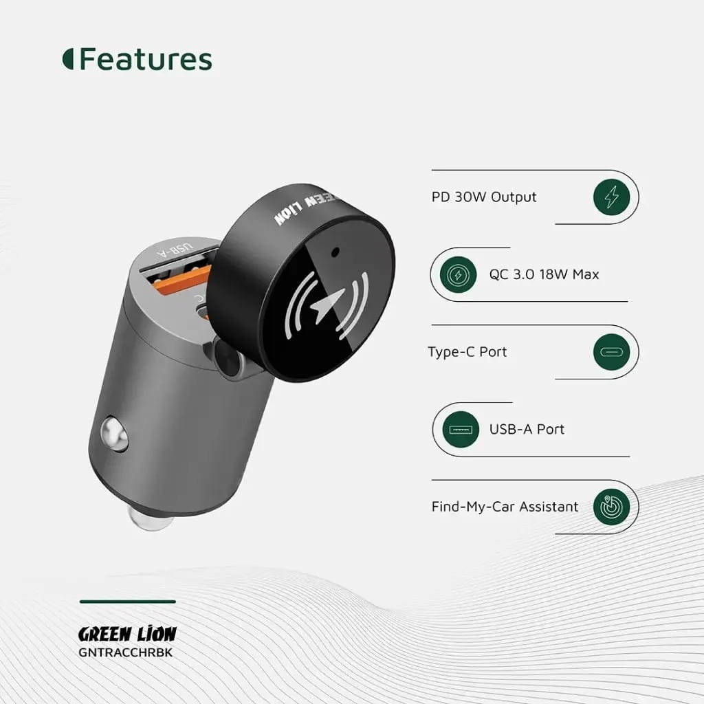 Green Lion Tracker – Chargeur de Voiture Double Port PD 30W + QC 22.5W avec Traceur Bluetooth Green Lion Tracker – Chargeur de Voiture Double Port PD 30W + QC 22.5W avec Traceur Bluetooth – Image 6