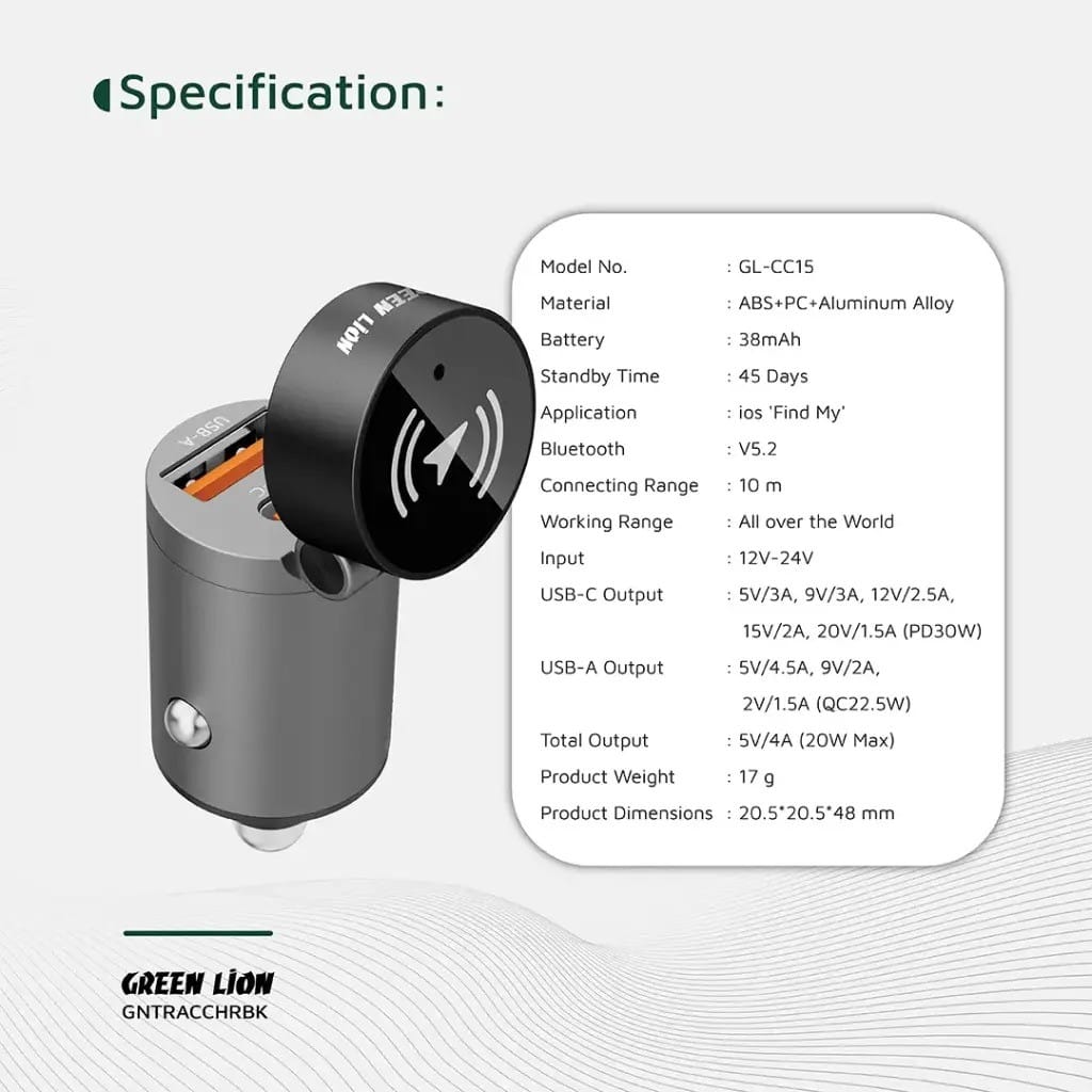 Green Lion Tracker – Chargeur de Voiture Double Port PD 30W + QC 22.5W avec Traceur Bluetooth Green Lion Tracker – Chargeur de Voiture Double Port PD 30W + QC 22.5W avec Traceur Bluetooth – Image 7