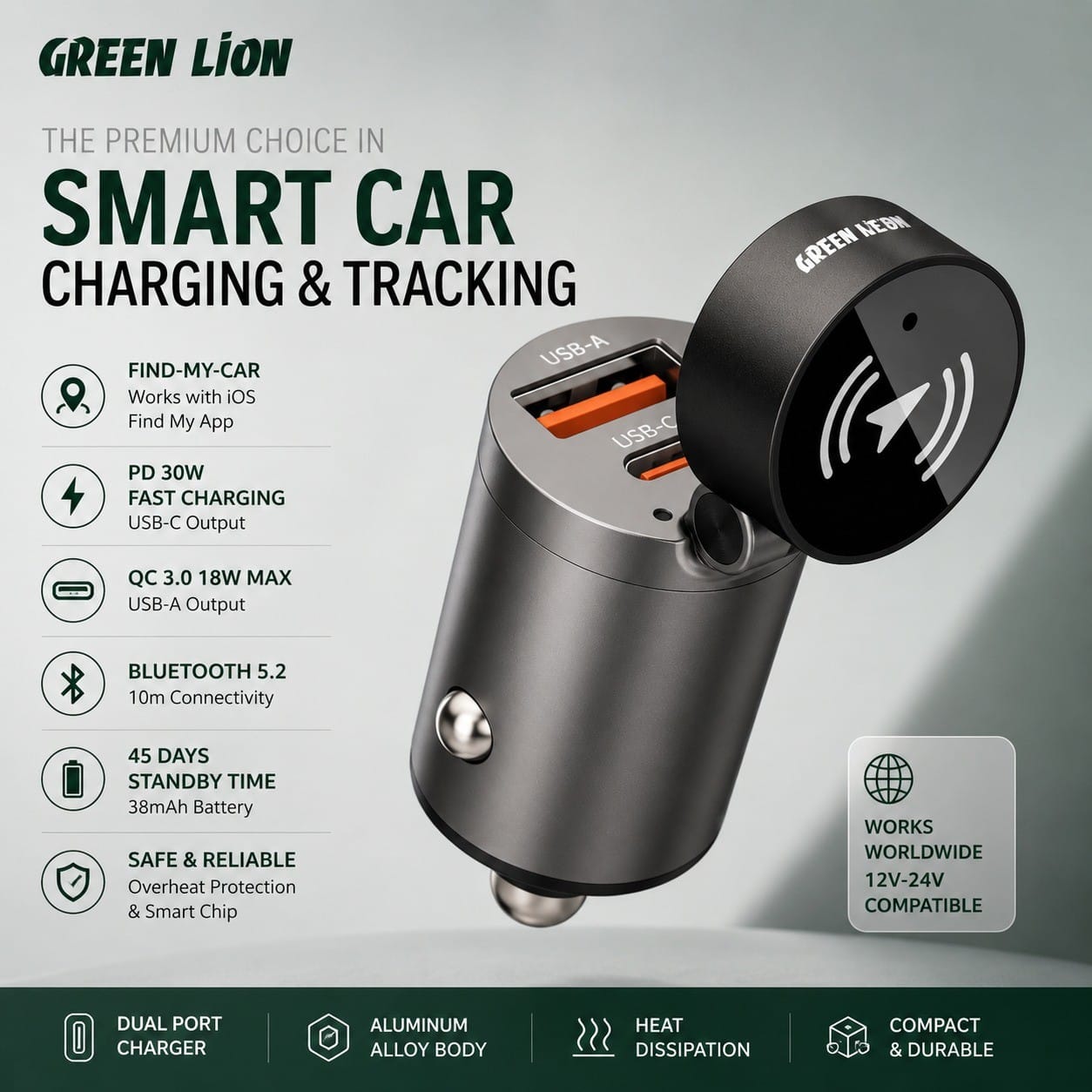 Green Lion Tracker – Chargeur de Voiture Double Port PD 30W + QC 22.5W avec Traceur Bluetooth Green Lion Tracker – Chargeur de Voiture Double Port PD 30W + QC 22.5W avec Traceur Bluetooth – Image 10