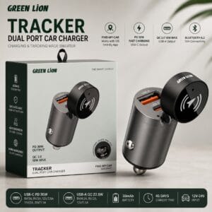 Green Lion Tracker – Chargeur de Voiture Double Port PD 30W + QC 22.5W avec Traceur Bluetooth