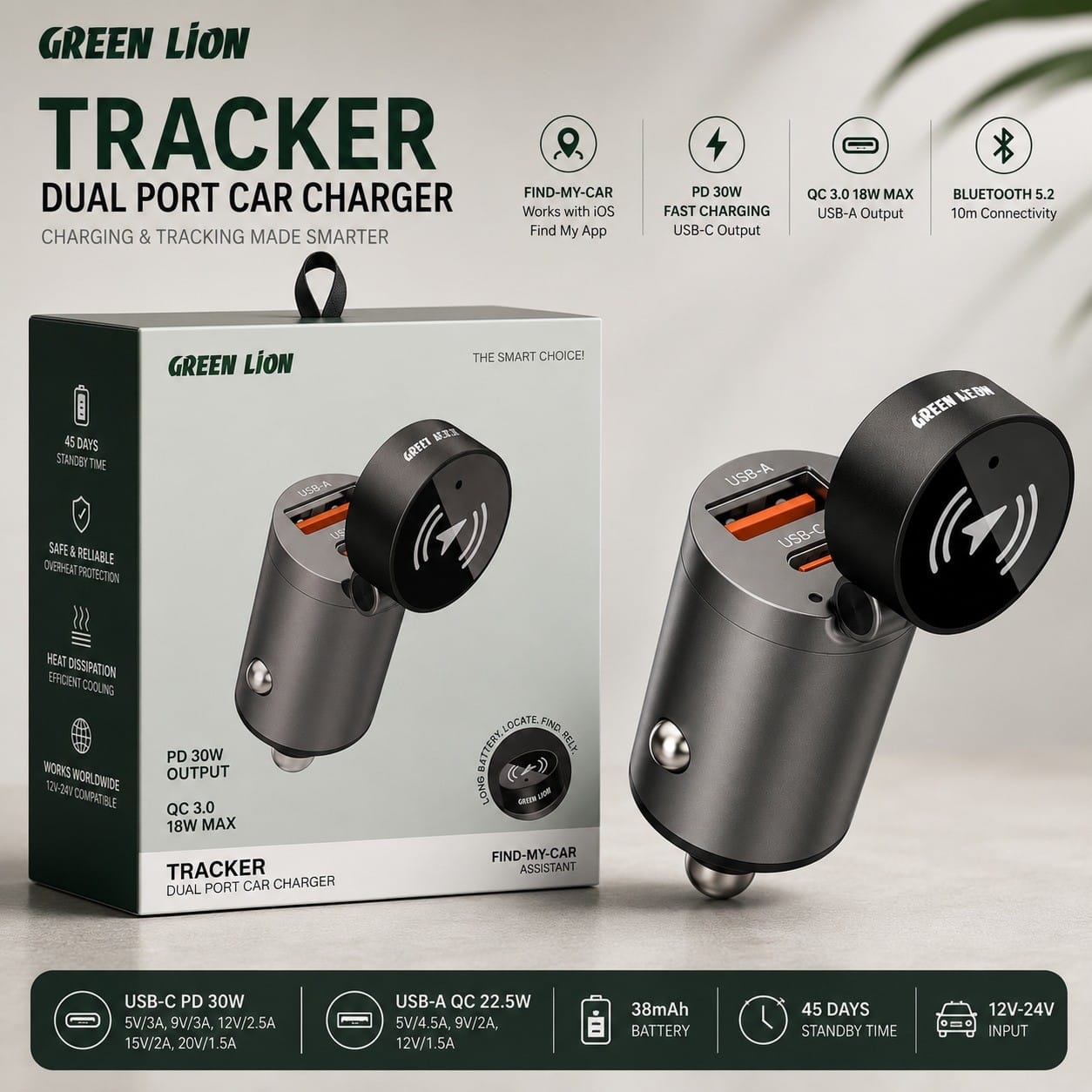 Green Lion Tracker – Chargeur de Voiture Double Port PD 30W + QC 22.5W avec Traceur Bluetooth Green Lion Tracker – Chargeur de Voiture Double Port PD 30W + QC 22.5W avec Traceur Bluetooth