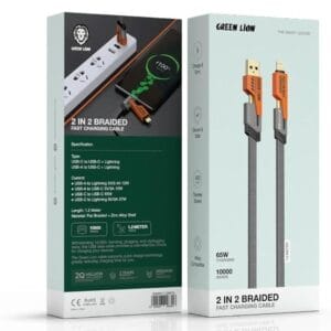Green Lion Braided 2-en-2 1,2 m – Câble  65 W avec USB-C + Lightning