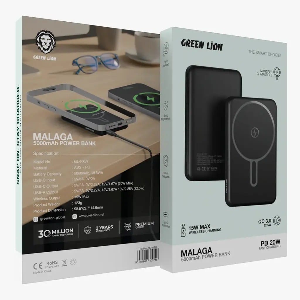 Green Lion Malaga – Power Bank MagSafe 10000mAh avec PD20W & QC3.0 Green Lion Malaga – Power Bank MagSafe 10000mAh avec PD20W & QC3.0