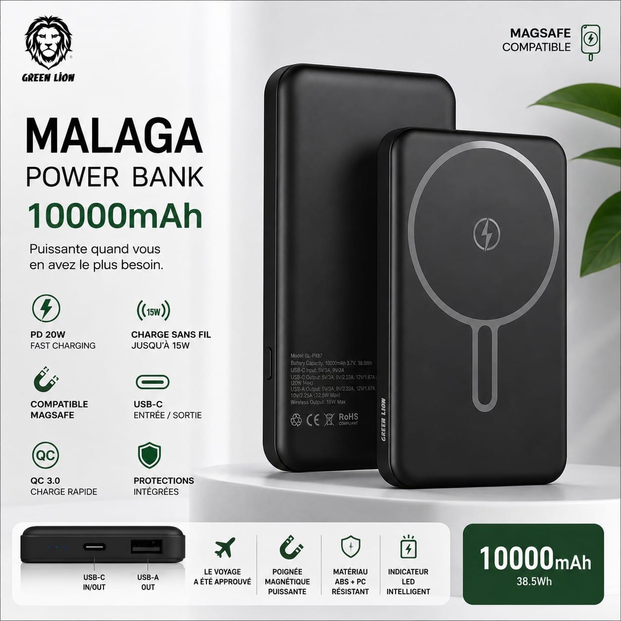 Green Lion Malaga – Power Bank MagSafe 10000mAh avec PD20W & QC3.0 Green Lion Malaga – Power Bank MagSafe 10000mAh avec PD20W & QC3.0 – Image 2
