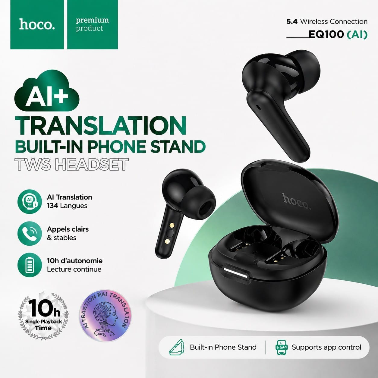 Hoco EQ100 AI – Écouteurs Bluetooth 5.4 avec Traduction IA & 10h d'Autonomie Hoco EQ100 AI – Écouteurs Bluetooth 5.4 avec Traduction IA & 10h d'Autonomie – Image 2