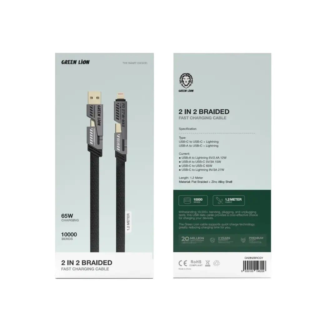 Green Lion Braided 2-en-2 1,2 m – Câble 65 W avec USB-C + Lightning Green Lion Braided 2-en-2 1,2 m – Câble 65 W avec USB-C + Lightning – Image 5