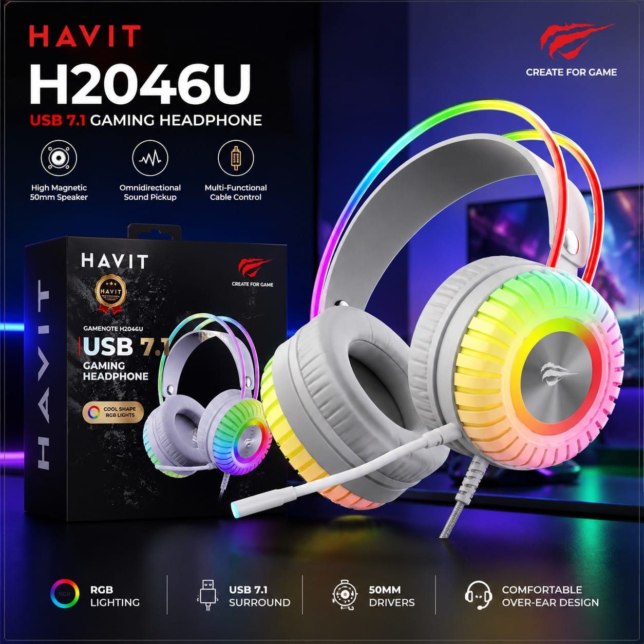 HAVIT H2046U RGB 7.1 – Casque Gaming USB 50mm avec Surround & Microphone HAVIT H2046U RGB 7.1 – Casque Gaming USB 50mm avec Surround & Microphone